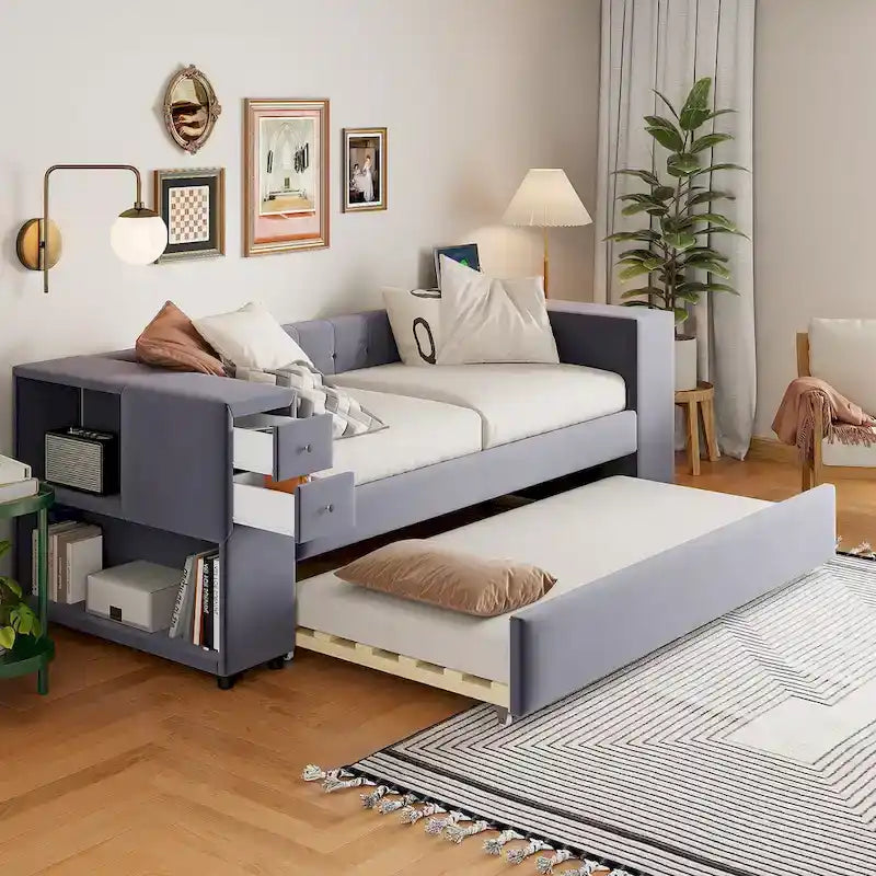 Cadre de lit de repos rembourré en velours avec ports de chargement USB