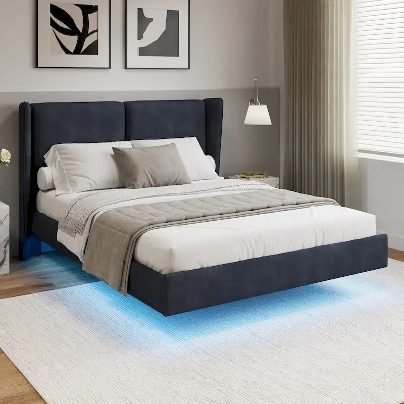 Lit plateforme flottant Queen Velvet avec lumières LED et 6 rangements