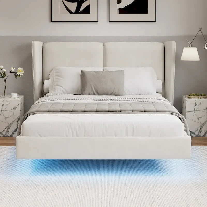 Lit plateforme flottant Queen Velvet avec lumières LED et 6 rangements