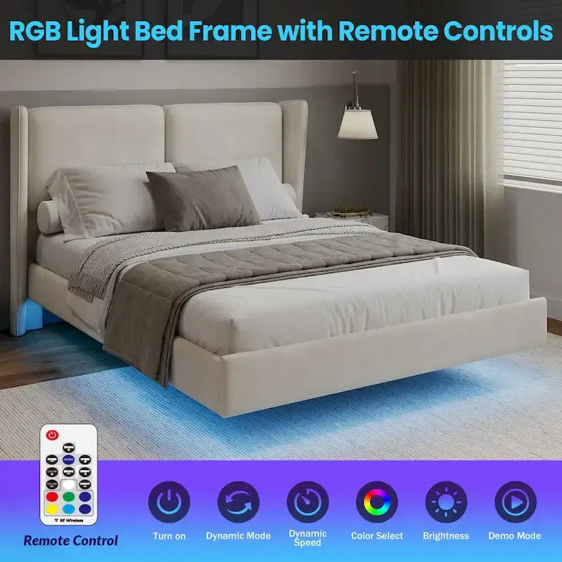 Lit plateforme flottant Queen Velvet avec lumières LED et 6 rangements
