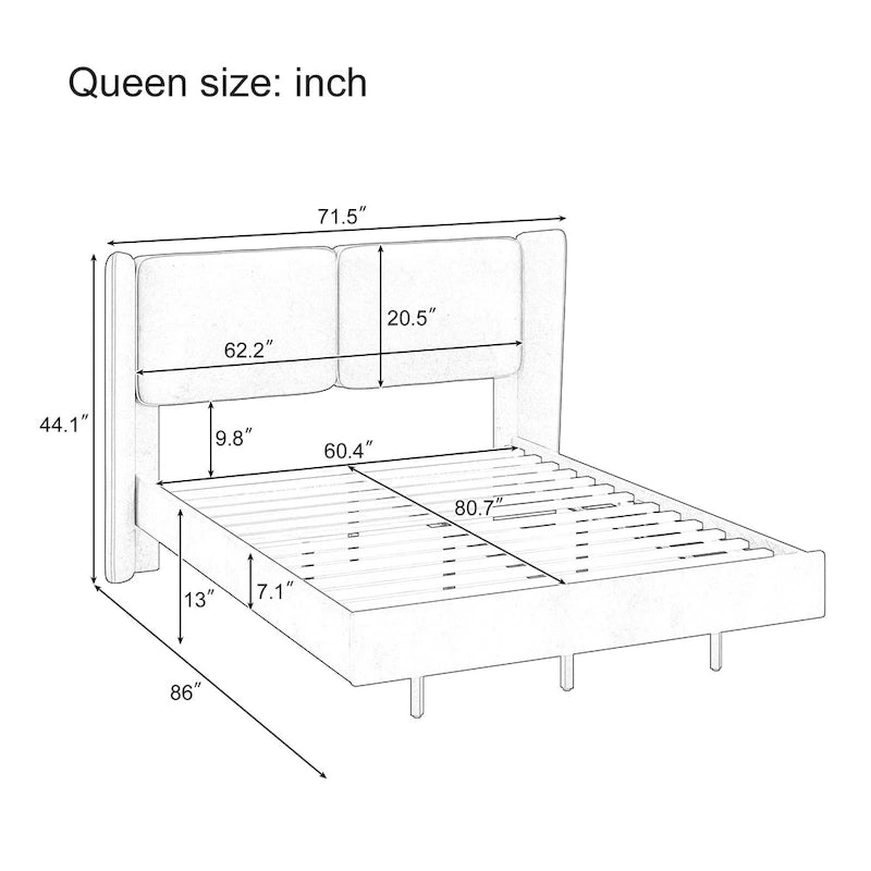 Lit plateforme flottant Queen Velvet avec lumières LED et 6 rangements