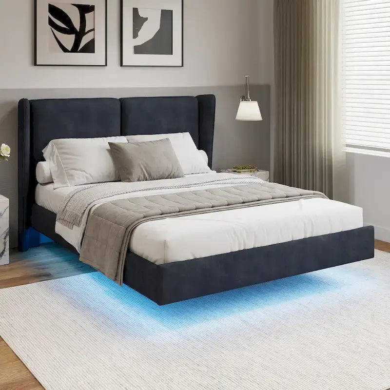 Lit plateforme flottant Queen Velvet avec lumières LED et 6 rangements
