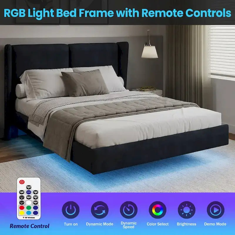 Lit plateforme flottant Queen Velvet avec lumières LED et 6 rangements