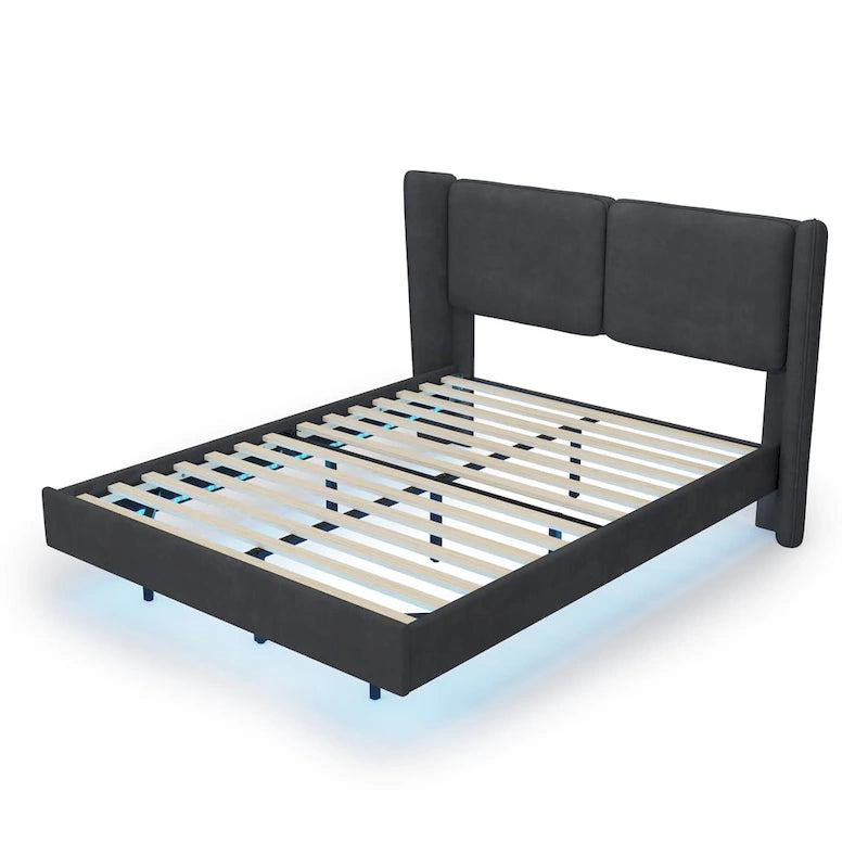 Lit plateforme flottant Queen Velvet avec lumières LED et 6 rangements