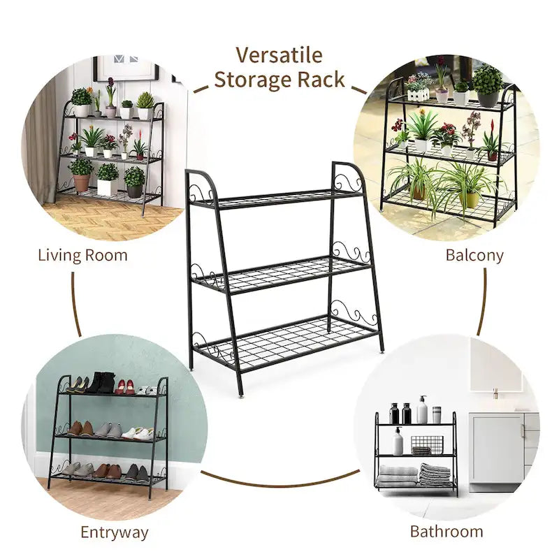 Étagère à Plantes en Métal à 3 Niveaux Support de Pots de Fleurs Présentoir