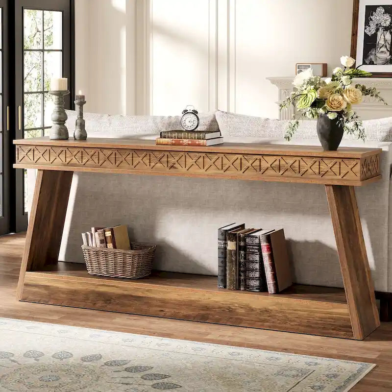 Table d'entrée extra longue de 180 cm, console étroite à 2 niveaux avec rangement - 180L x 30l x 80H cm