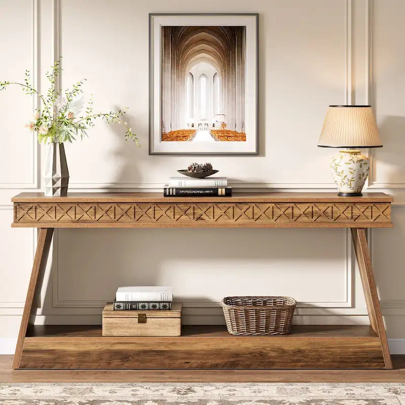 Table d'entrée extra longue de 180 cm, console étroite à 2 niveaux avec rangement - 180L x 30l x 80H cm