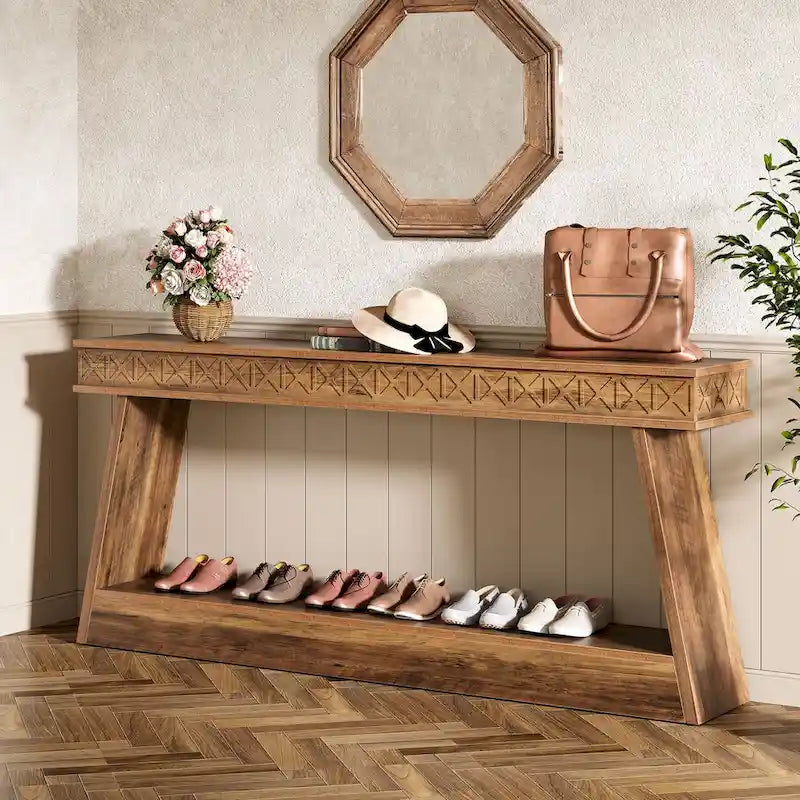 Table d'entrée extra longue de 180 cm, console étroite à 2 niveaux avec rangement - 180L x 30l x 80H cm