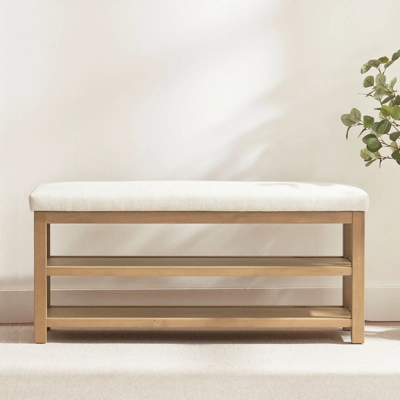 Banc multifonctionnel en bois massif avec étagères de rangement 117 cm