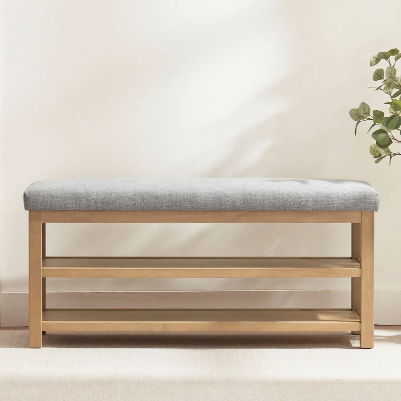 Banc multifonctionnel en bois massif avec étagères de rangement 117 cm