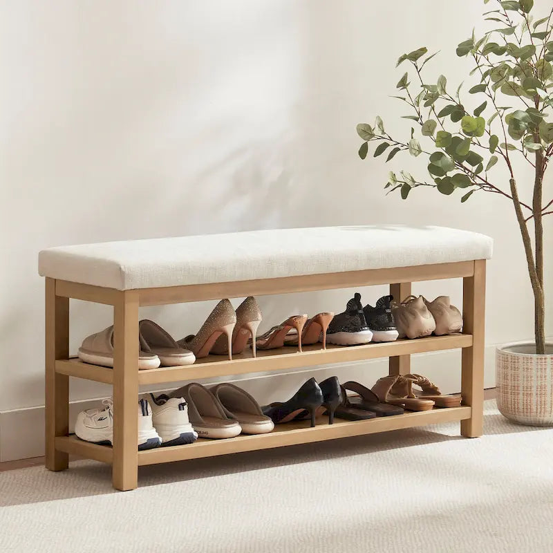 Banc multifonctionnel en bois massif avec étagères de rangement 117 cm