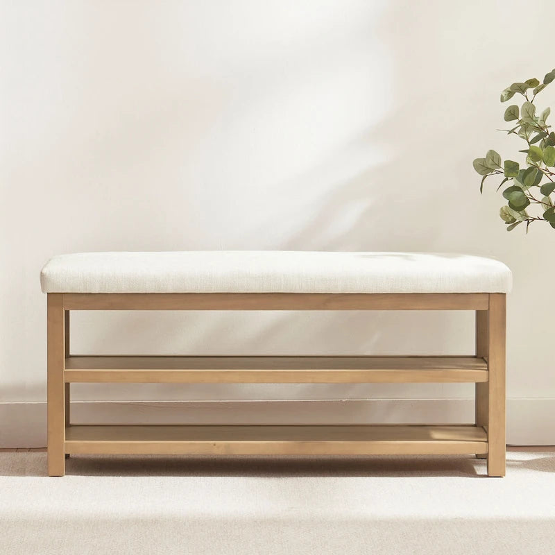 Banc multifonctionnel en bois massif avec étagères de rangement 117 cm