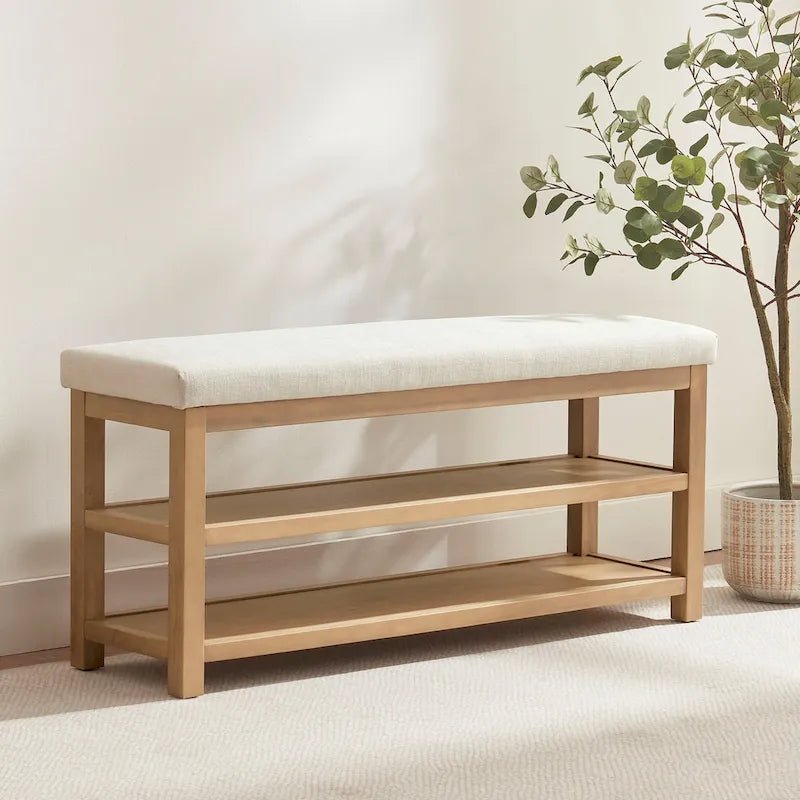 Banc multifonctionnel en bois massif avec étagères de rangement 117 cm