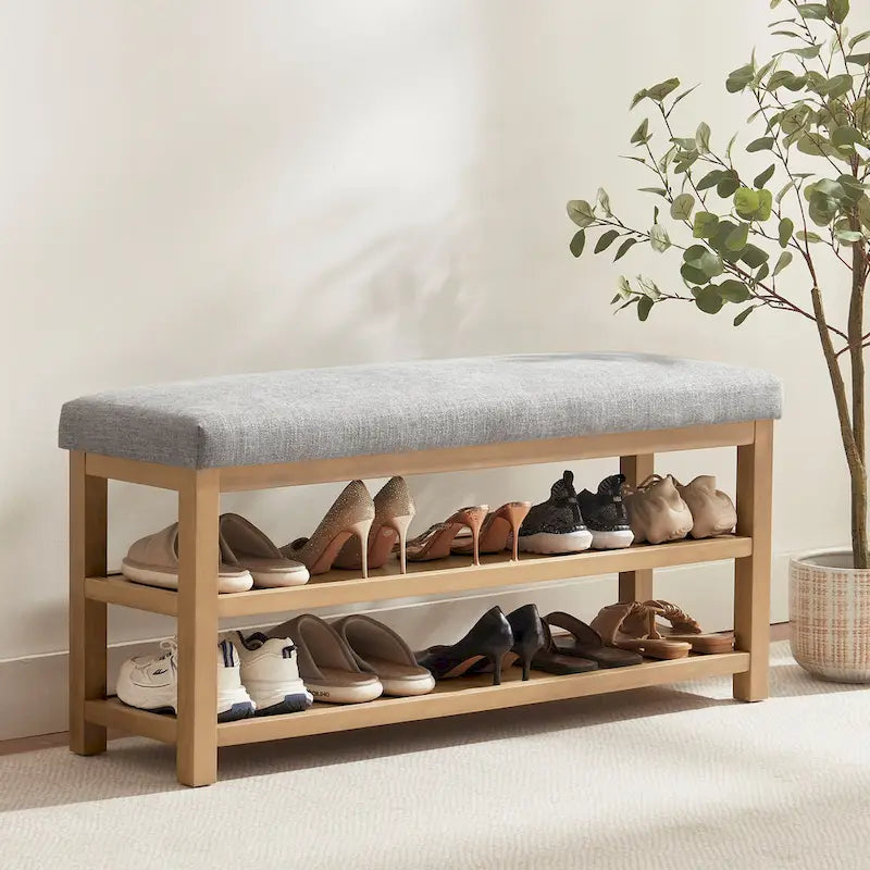 Banc multifonctionnel en bois massif avec étagères de rangement 117 cm