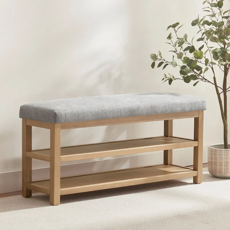 Banc multifonctionnel en bois massif avec étagères de rangement 117 cm