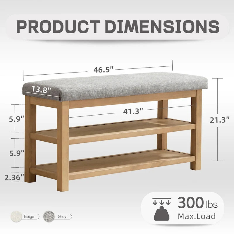 Banc multifonctionnel en bois massif avec étagères de rangement 117 cm