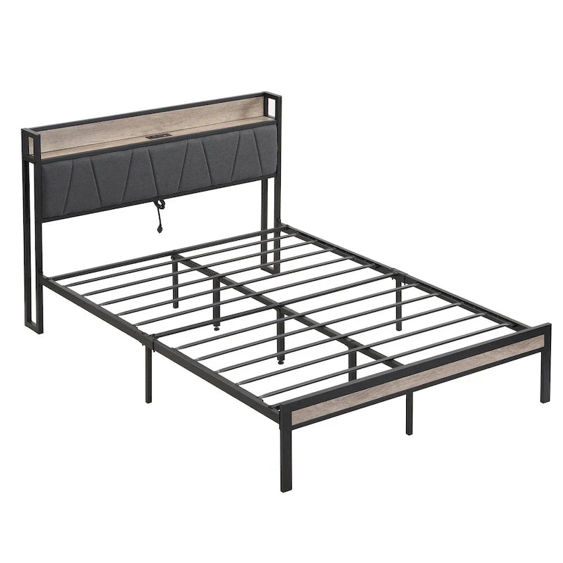 Lit plateforme queen size en métal avec tête de lit rembourrée et USB