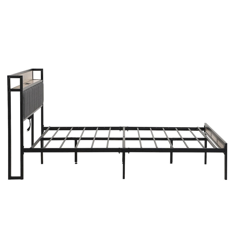 Lit plateforme queen size en métal avec tête de lit rembourrée et USB