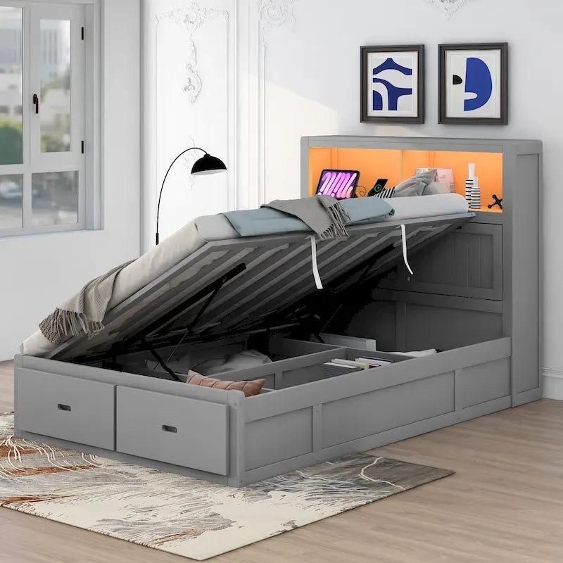 Lit double en bois gris avec tête de lit LED, station de charge, 2 tiroirs