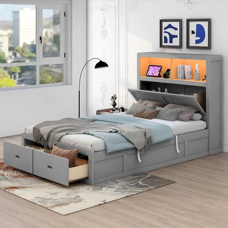 Lit double en bois gris avec tête de lit LED, station de charge, 2 tiroirs
