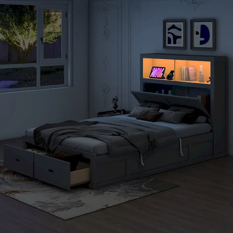 Lit double en bois gris avec tête de lit LED, station de charge, 2 tiroirs