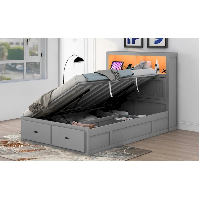 Lit double en bois gris avec tête de lit LED, station de charge, 2 tiroirs