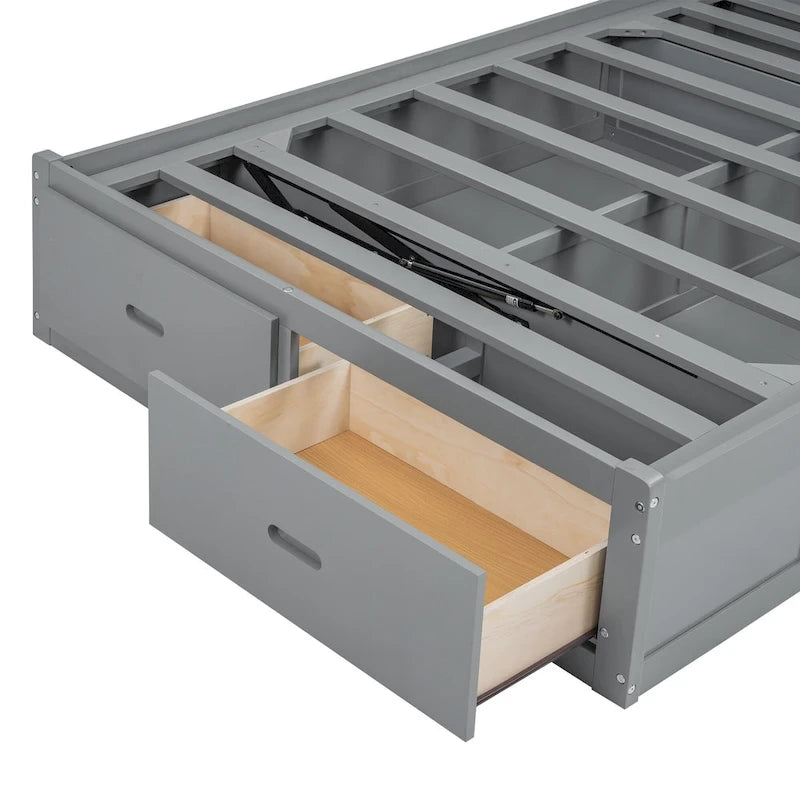 Lit double en bois gris avec tête de lit LED, station de charge, 2 tiroirs