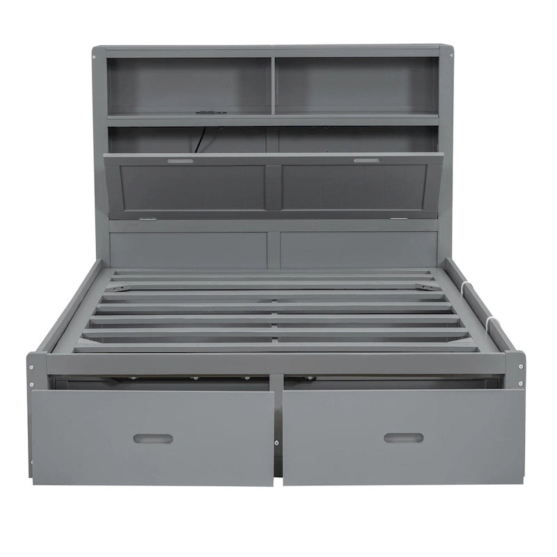 Lit double en bois gris avec tête de lit LED, station de charge, 2 tiroirs