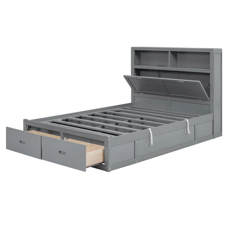 Lit double en bois gris avec tête de lit LED, station de charge, 2 tiroirs