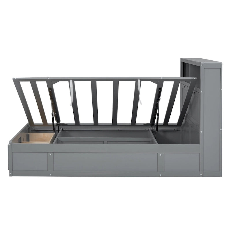Lit double en bois gris avec tête de lit LED, station de charge, 2 tiroirs