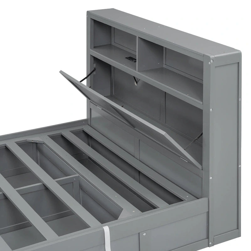 Lit double en bois gris avec tête de lit LED, station de charge, 2 tiroirs