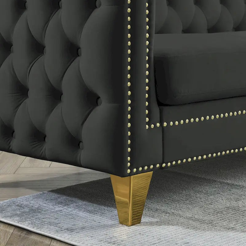 Canapé d'angle Chesterfield en velours noir de 82,2 po pour 5 personnes avec clous décoratifs et coussins touffetés