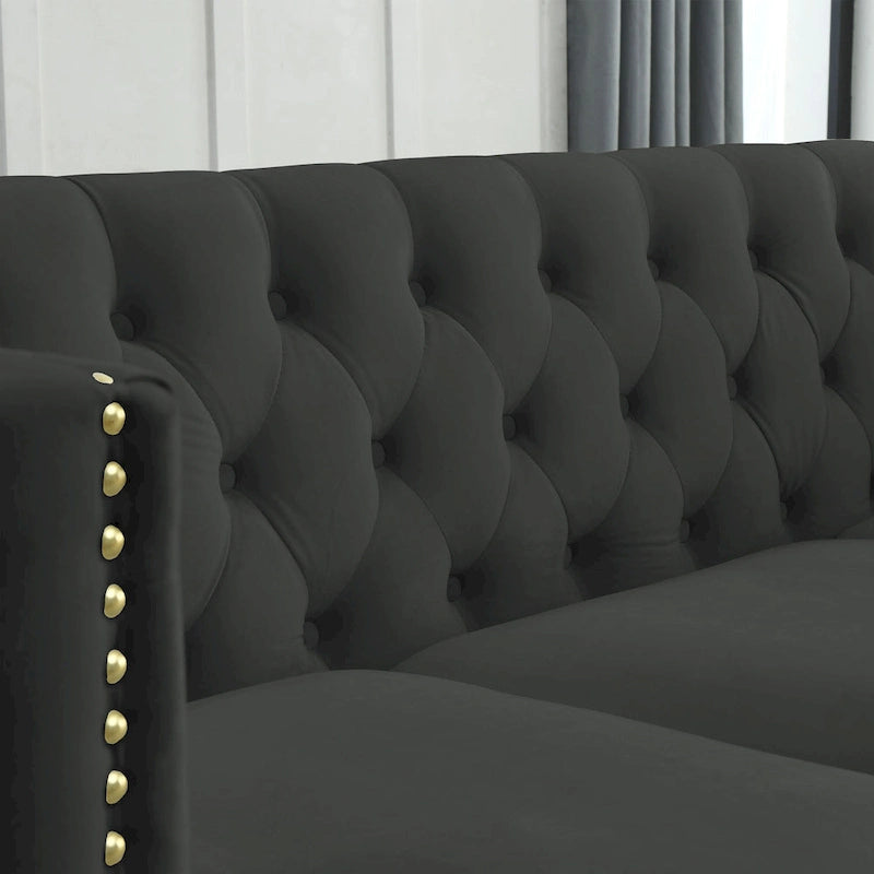 Canapé d'angle Chesterfield en velours noir de 82,2 po pour 5 personnes avec clous décoratifs et coussins touffetés