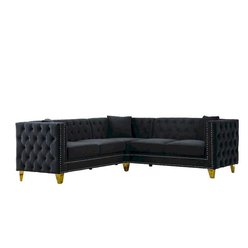 Canapé d'angle Chesterfield en velours noir de 82,2 po pour 5 personnes avec clous décoratifs et coussins touffetés