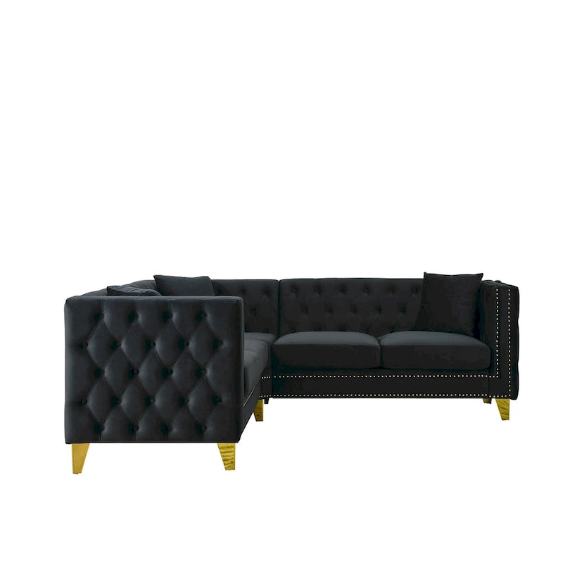 Canapé d'angle Chesterfield en velours noir de 82,2 po pour 5 personnes avec clous décoratifs et coussins touffetés