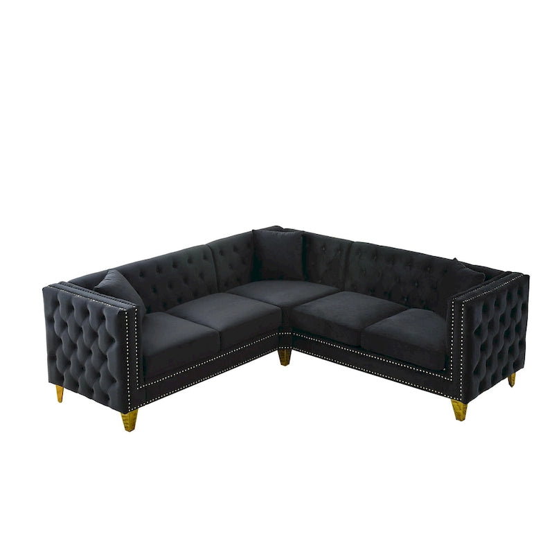 Canapé d'angle Chesterfield en velours noir de 82,2 po pour 5 personnes avec clous décoratifs et coussins touffetés