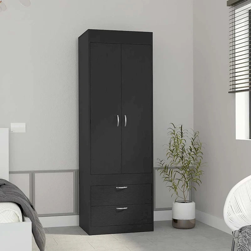 Armoire moderne à deux portes avec deux tiroirs inférieurs et tringle de suspension pour chambre à coucher