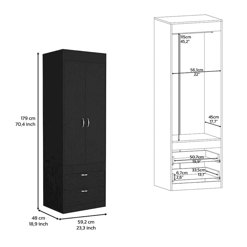 Armoire moderne à deux portes avec deux tiroirs inférieurs et tringle de suspension pour chambre à coucher