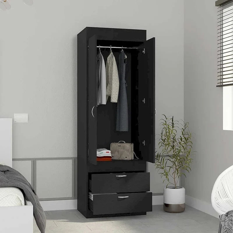 Armoire moderne à deux portes avec deux tiroirs inférieurs et tringle de suspension pour chambre à coucher
