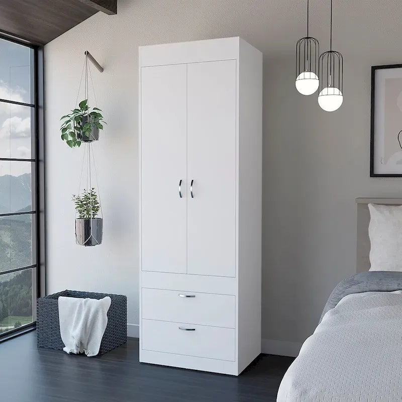 Armoire moderne à deux portes avec deux tiroirs inférieurs et tringle de suspension pour chambre à coucher