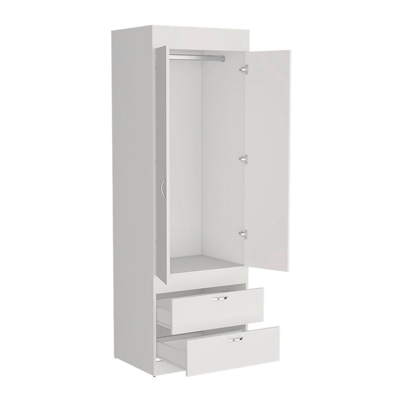 Armoire moderne à deux portes avec deux tiroirs inférieurs et tringle de suspension pour chambre à coucher
