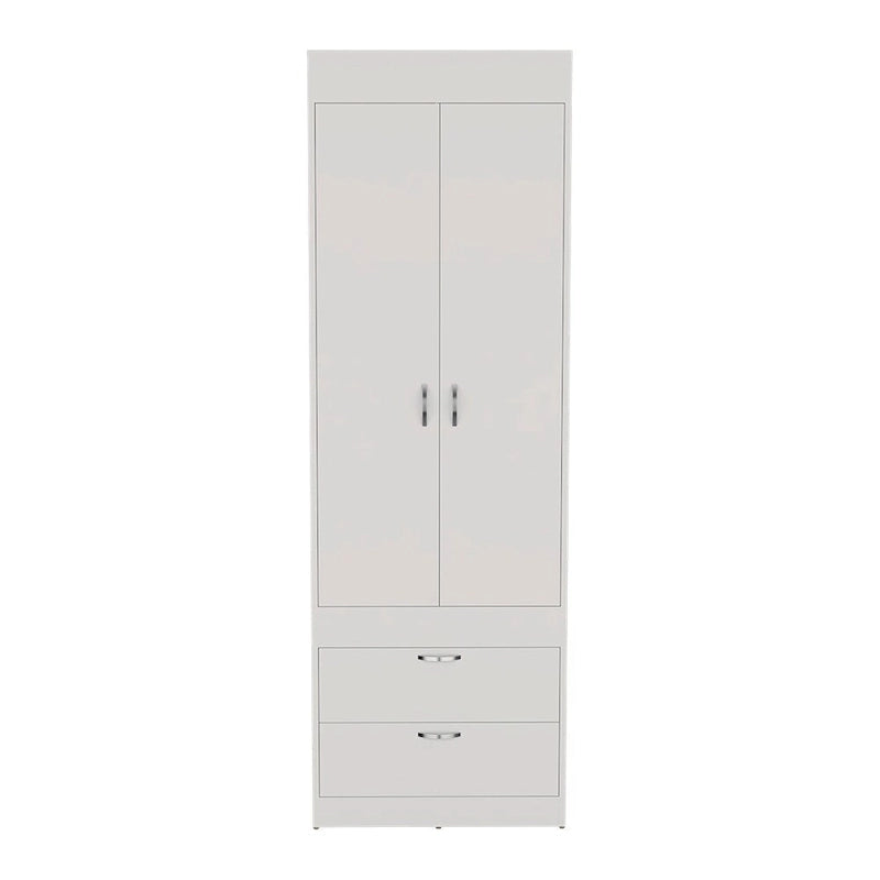 Armoire moderne à deux portes avec deux tiroirs inférieurs et tringle de suspension pour chambre à coucher