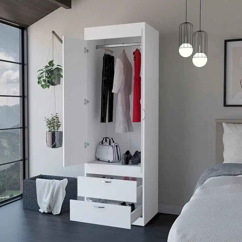Armoire moderne à deux portes avec deux tiroirs inférieurs et tringle de suspension pour chambre à coucher