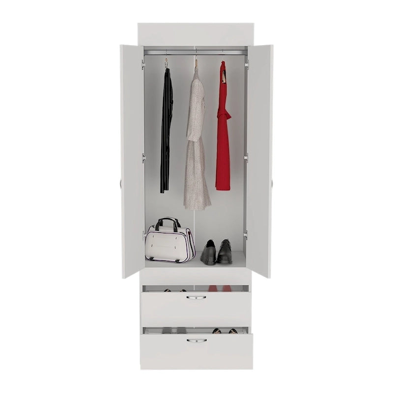 Armoire moderne à deux portes avec deux tiroirs inférieurs et tringle de suspension pour chambre à coucher