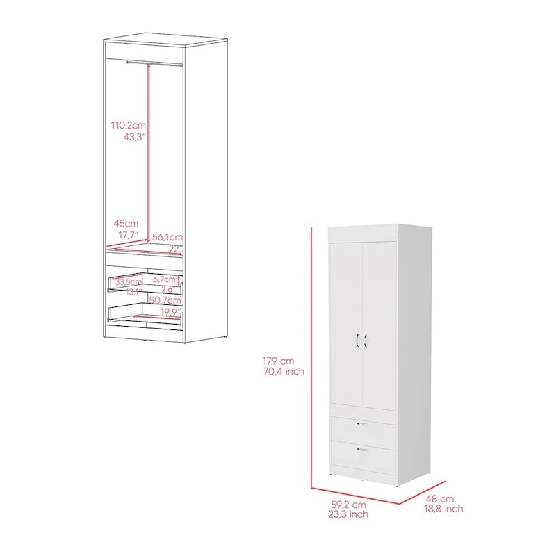 Armoire moderne à deux portes avec deux tiroirs inférieurs et tringle de suspension pour chambre à coucher