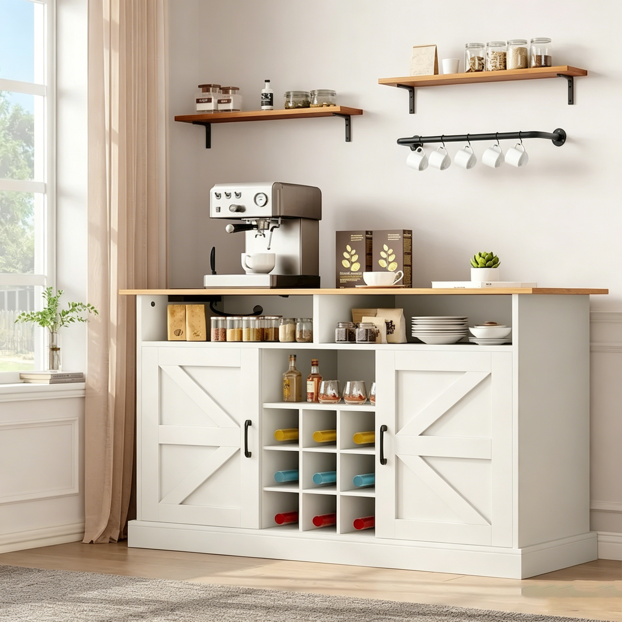 Meuble de bar à café 52Farmhouse avec étagère flottante – 15,75P x 52L x 34H