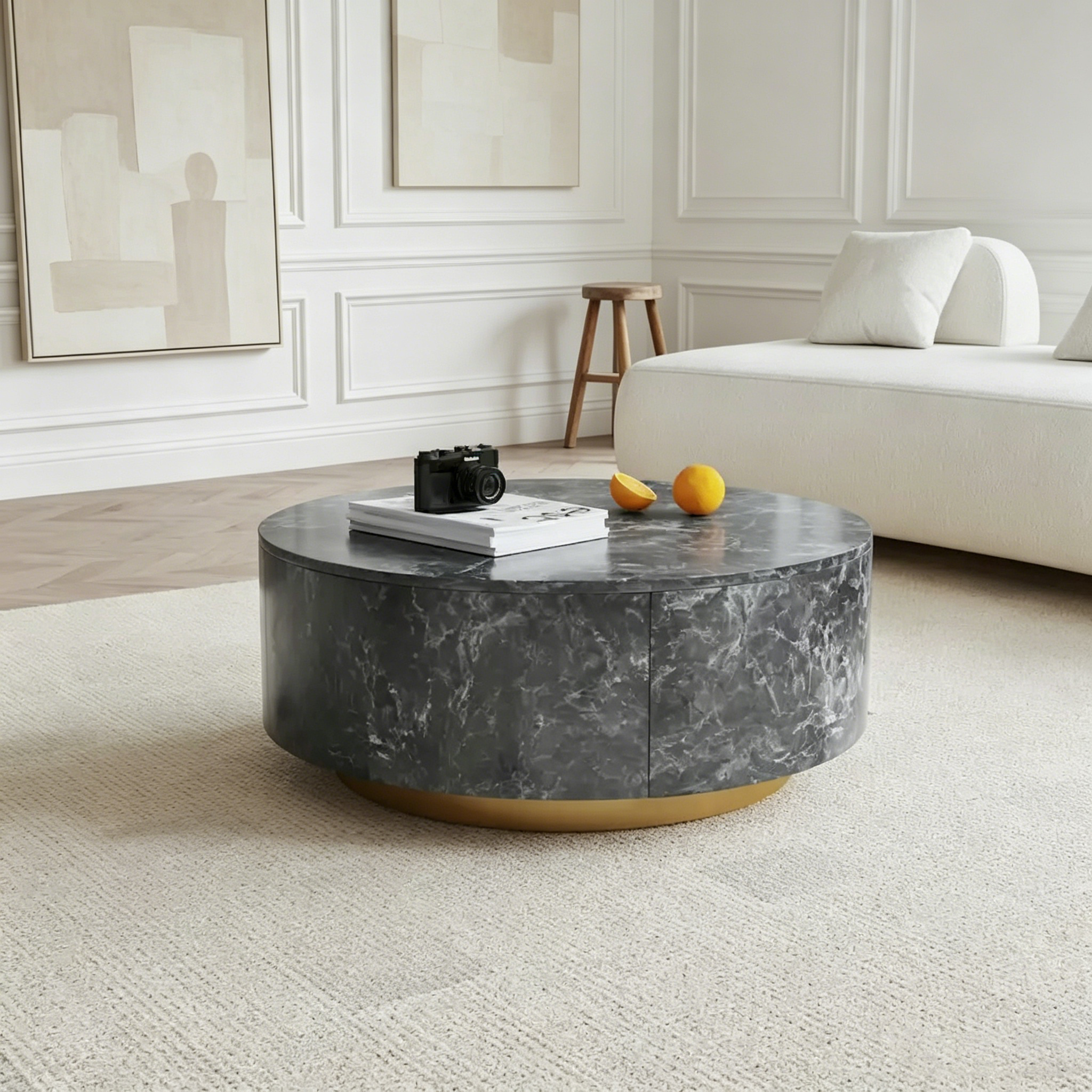 Table basse ronde moderne en similicuir marbre avec 2 tiroirs, entièrement assemblée