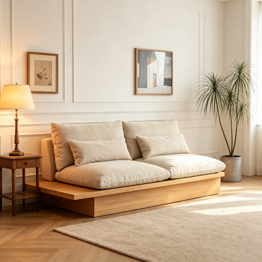 Canapé en coton beige avec cadre en bois