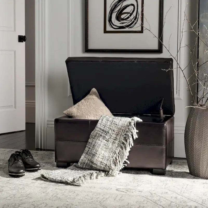Banc de rangement capitonné en similicuir marron