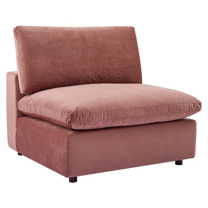Fauteuil sans accoudoirs en velours haute performance garni de duvet et surpiqué